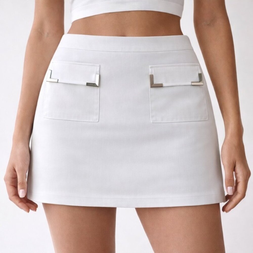 Michael Kors White Short Skirt Flap Pockets W Metal Corners Sz.14